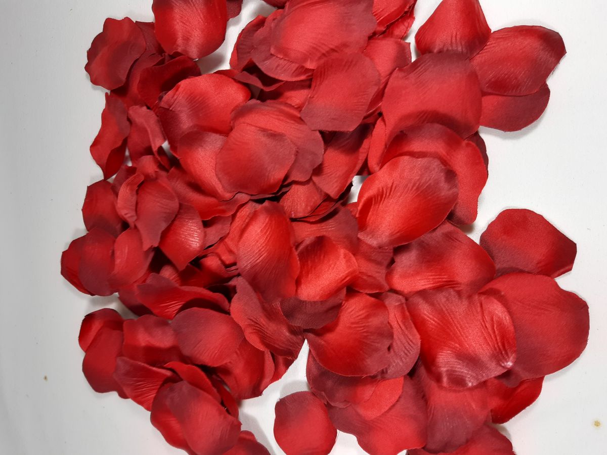 Pétalos de rosa en tejido cloris rojo flameado