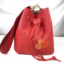 Sac seau cuir rouge brodé main
